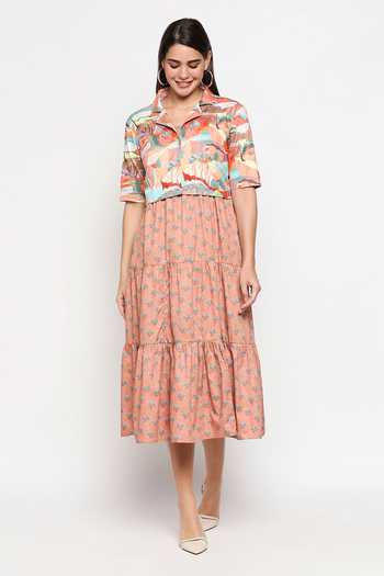 Buy_So Us By Sougatpaul_Peach Cotton Twill Jacket Lapel Collar Tiered Dress With Crop _Online_at_Aza_Fashions