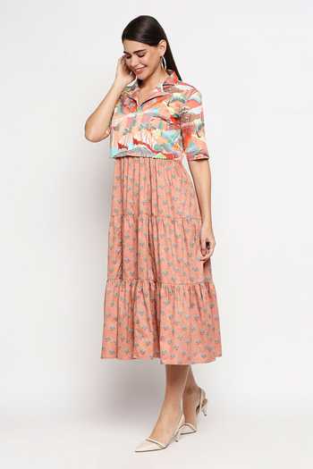 Shop_So Us By Sougatpaul_Peach Cotton Twill Jacket Lapel Collar Tiered Dress With Crop _Online_at_Aza_Fashions