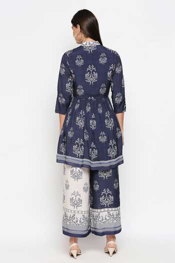 Shop_So Us By Sougatpaul_Blue Muslin Slub Embroidery Stand Collar Block Print Kurta And Pant Set  _at_Aza_Fashions