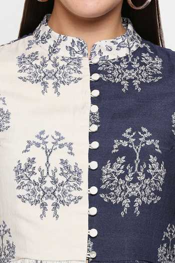 Shop_So Us By Sougatpaul_Blue Muslin Slub Embroidery Stand Collar Block Print Kurta And Pant Set  _Online_at_Aza_Fashions