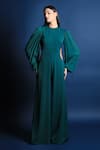 Swatee Singh_Green Heavy Crepe Round Puff Sleeves Jumpsuit _Online_at_Aza_Fashions