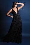 Shop_Swatee Singh_Black Georgette Embroidery V Neck Plunge Neckline Gown _Online_at_Aza_Fashions