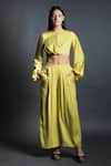 Buy_Swatee Singh_Yellow Satin Hammer Round Crop Top And Flared Pant Set _at_Aza_Fashions