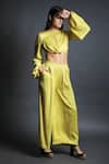 Swatee Singh_Yellow Satin Hammer Round Crop Top And Flared Pant Set _Online_at_Aza_Fashions