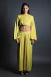 Buy_Swatee Singh_Yellow Satin Hammer Round Crop Top And Flared Pant Set _Online_at_Aza_Fashions