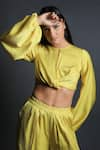 Shop_Swatee Singh_Yellow Satin Hammer Round Crop Top And Flared Pant Set _Online_at_Aza_Fashions