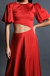 Shop_Swatee Singh_Red Satin Hammer Round Fit And Flare Midi Dress  _Online_at_Aza_Fashions