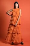 Buy_Swatee Singh_Orange Georgette High Neck Tiered Gown  _at_Aza_Fashions