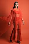 Buy_Swatee Singh_Orange Crepe And Lace Boat Asymmetric Cape & Pant Set _at_Aza_Fashions