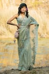 Buy Show Shaa Green Satin, , Pure Silk V Neck Embroidered Saree With Blouse at Aza Fashions Buy_Show Shaa_Green Satin, , Pure Silk V Neck Embroidered Saree With Blouse _at_Aza_Fashions