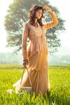 Buy_Show Shaa_Gold Satin Pre-draped Saree Set_at_Aza_Fashions