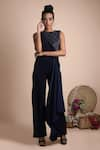 Shop_Mehak Murpana_Blue Stretch Suiting Embroidery Round Draped Jumpsuit _at_Aza_Fashions