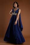 Shop_Aayushi Maniar_Blue Crepe Silk V Neck Embroidered Anarkali Lehenga Set _Online_at_Aza_Fashions