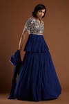 Shop_Aayushi Maniar_Blue Crepe Silk V Neck Embroidered Kurta Lehenga Set _at_Aza_Fashions