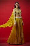 Aayushi Maniar Yellow Tussar Silk, Silk, Butter V Neck Embroidered Lehenga Set Online at Aza Fashions Aayushi Maniar_Yellow Tussar Silk, Silk, Butter V Neck Embroidered Lehenga Set _Online_at_Aza_Fashions