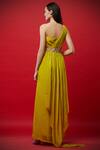 Shop_Aayushi Maniar_Yellow Crepe Silk Asymmetric Draped One Shoulder Gown _at_Aza_Fashions