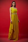 Aayushi Maniar_Yellow Crepe Silk Asymmetric Draped One Shoulder Gown _Online_at_Aza_Fashions