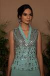 Buy_Samatvam by Anjali Bhaskar_Blue Crepe V Neck Embroidered Jacket And Palazzo Set _Online_at_Aza_Fashions