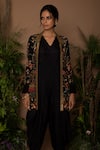 Shop Samatvam By Anjali Bhaskar Black Crepe, Habutai Silk V Neck Jumpsuit With Embroidered Jacket Online at Aza Fashions Shop_Samatvam By Anjali Bhaskar_Black Crepe, Habutai Silk V Neck Jumpsuit With Embroidered Jacket_Online_at_Aza_Fashions
