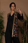 Samatvam By Anjali Bhaskar Black Crepe, Habutai Silk V Neck Jumpsuit With Embroidered Jacket at Aza Fashions Samatvam By Anjali Bhaskar_Black Crepe, Habutai Silk V Neck Jumpsuit With Embroidered Jacket_at_Aza_Fashions