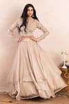 Shop_Shikha and Srishti Design_Beige Lehenga Organza Embroidery Thread Mandarin Collar Jacket And Set _at_Aza_Fashions