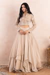 Shikha and Srishti Design_Beige Lehenga Organza Embroidery Thread Mandarin Collar Jacket And Set _Online_at_Aza_Fashions