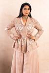 Shikha and Srishti Design_Peach Crepe Embroidery Thread Lapel Collar Jacket And Sharara Set  _Online_at_Aza_Fashions