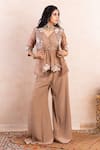 Buy_Shikha and Srishti Design_Beige Jacket Organza Embroidery Pearl Top V Neck Peplum And Pant Set  _at_Aza_Fashions