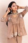 Shikha and Srishti Design_Beige Jacket Organza Embroidery Pearl Top V Neck Peplum And Pant Set  _Online_at_Aza_Fashions