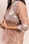 Shop_Shikha and Srishti Design_Beige Jacket Organza Embroidery Pearl Top V Neck Peplum And Pant Set  _Online_at_Aza_Fashions