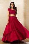 Shop Shikha And Srishti Design Red Silk, Crepe Sequin, Floral Motif V Neck Layered Lehenga Set at Aza Fashions Shop_Shikha And Srishti Design_Red Silk, Crepe Sequin, Floral Motif V Neck Layered Lehenga Set _at_Aza_Fashions