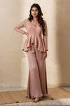 Shop_Shikha And Srishti Design_Pink Crepe Embroidered Floral Motif Asymmetric Peplum Top And Pant Set  _at_Aza_Fashions