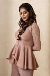 Shikha And Srishti Design_Pink Crepe Embroidered Floral Motif Asymmetric Peplum Top And Pant Set  _Online_at_Aza_Fashions