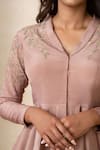 Shop_Shikha And Srishti Design_Pink Crepe Embroidered Floral Motif Asymmetric Peplum Top And Pant Set  _Online_at_Aza_Fashions