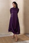Buy_Shikha And Srishti Design_Purple Crepe Floral Motif Band Collar Draped Dress _Online_at_Aza_Fashions