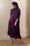 Shop_Shikha And Srishti Design_Purple Crepe Floral Motif Band Collar Draped Dress _Online_at_Aza_Fashions