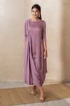Shop_Shikha and Srishti Design_Purple Crepe Embroidered Sequin Round Neck Draped Dress _at_Aza_Fashions