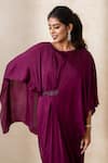 Shikha and Srishti Design_Purple Crepe Embroidered Beads Round Flared Sleeve Dress  _Online_at_Aza_Fashions