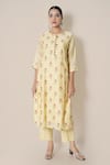 Kameez_Yellow Kurta - Chanderi Embroidered Floral Round Pant Set _Online_at_Aza_Fashions