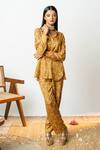 Buy_SutrabySweta_Yellow Silk Printed And Embroidered Floral V Collar Shirt & Pant Set  _at_Aza_Fashions