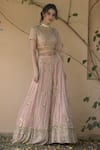 Shop_Astha Narang_Pink Main Material Netlining Semi Crepe Leaf Neck Embellished Lehenga Set _at_Aza_Fashions