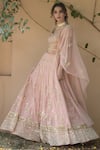 Buy_Astha Narang_Pink Main Material Netlining Semi Crepe Leaf Neck Embellished Lehenga Set _Online_at_Aza_Fashions