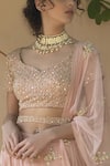 Astha Narang_Pink Main Material Netlining Semi Crepe Leaf Neck Embellished Lehenga Set _at_Aza_Fashions