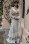 Astha Narang_White Main Material Georgettelining Semi Crepe V Neck Embroidered Lehenga Set _Online_at_Aza_Fashions