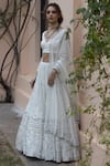 Shop_Astha Narang_White Main Material Netlining Semi Crepe V Neck Embroidered Lehenga Set _Online_at_Aza_Fashions