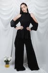 Buy_Swatee Singh_Black Lurex Shimmer Halter Neck Cold Shoulder Top _at_Aza_Fashions