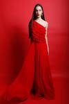 Buy_Swatee Singh_Red Georgette Plain Solid One Shoulder Ruffle Gown _at_Aza_Fashions