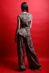 Shop_Swatee Singh_Brown Crepe Printed Leopard Shawl Collar Jumpsuit With Belt _at_Aza_Fashions