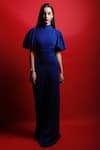 Buy Swatee Singh Blue Crepe Solid High Neck Balloon Sleeve Jumpsuit at Aza Fashions Buy_Swatee Singh_Blue Crepe Solid High Neck Balloon Sleeve Jumpsuit _at_Aza_Fashions