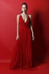 Buy_Swatee Singh_Red Lace Plain Textured V Neck Plunge Gown _at_Aza_Fashions